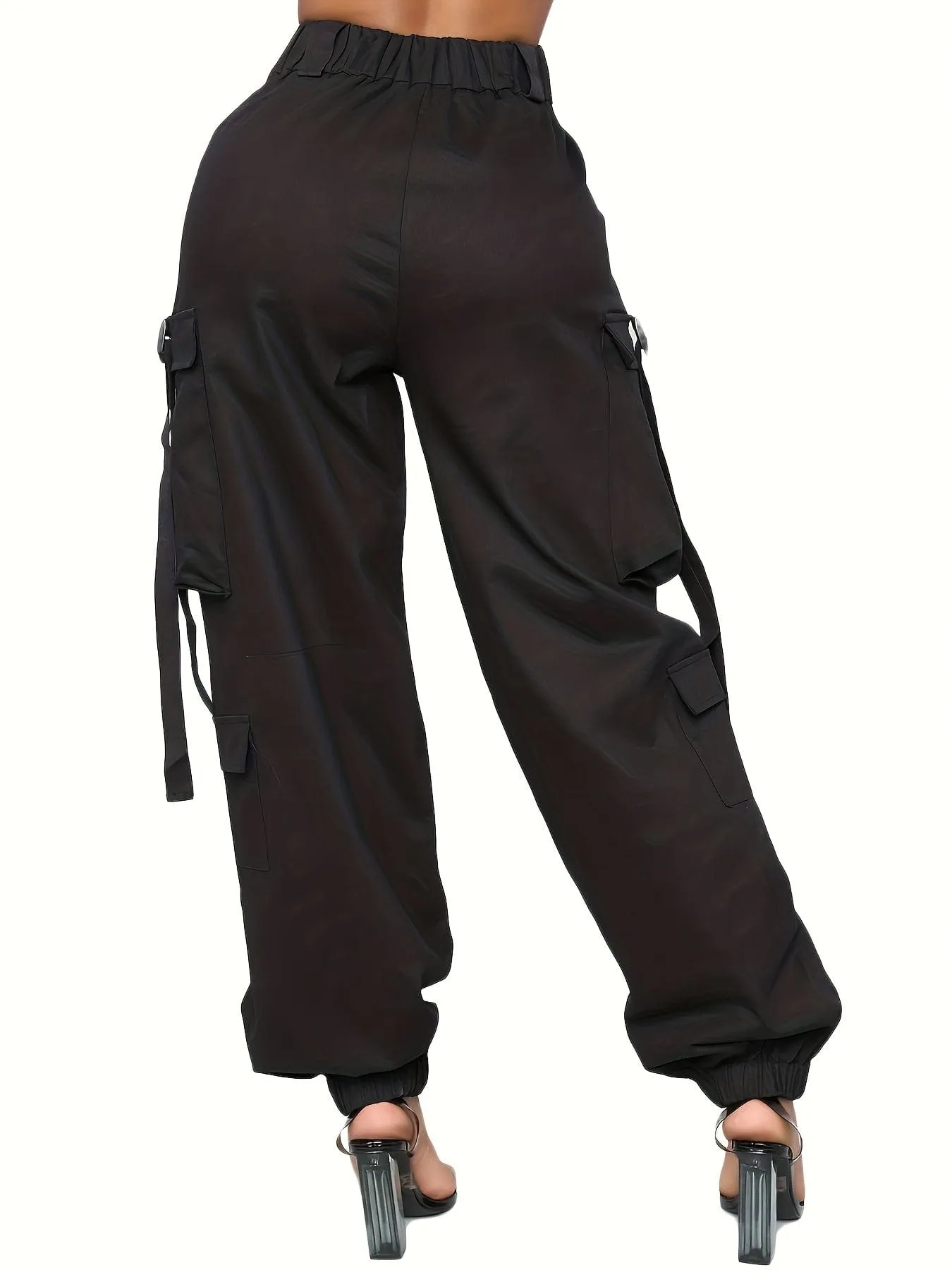 High Waist Jogger Pants - Alpha C Apparel, Solid Flap Pockets, Casual Spring/Fall