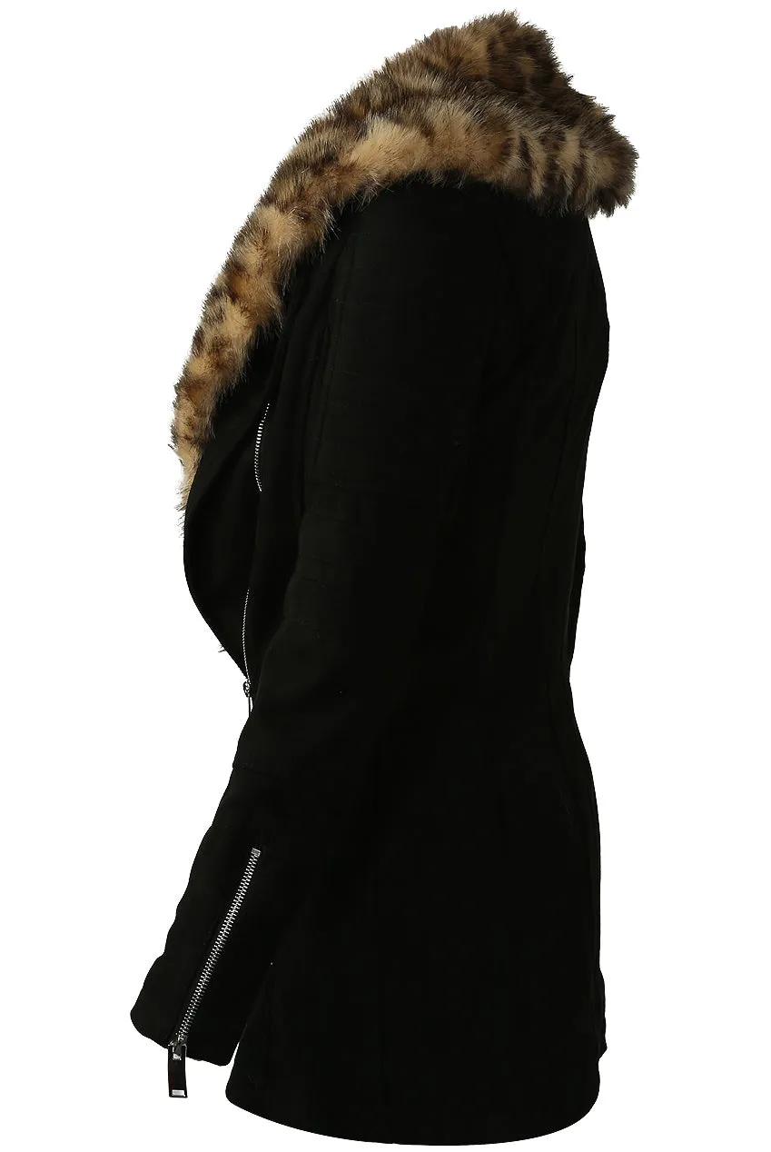 Kia Foleys Suede Leather Jacket With Leopard Print Fur Collar