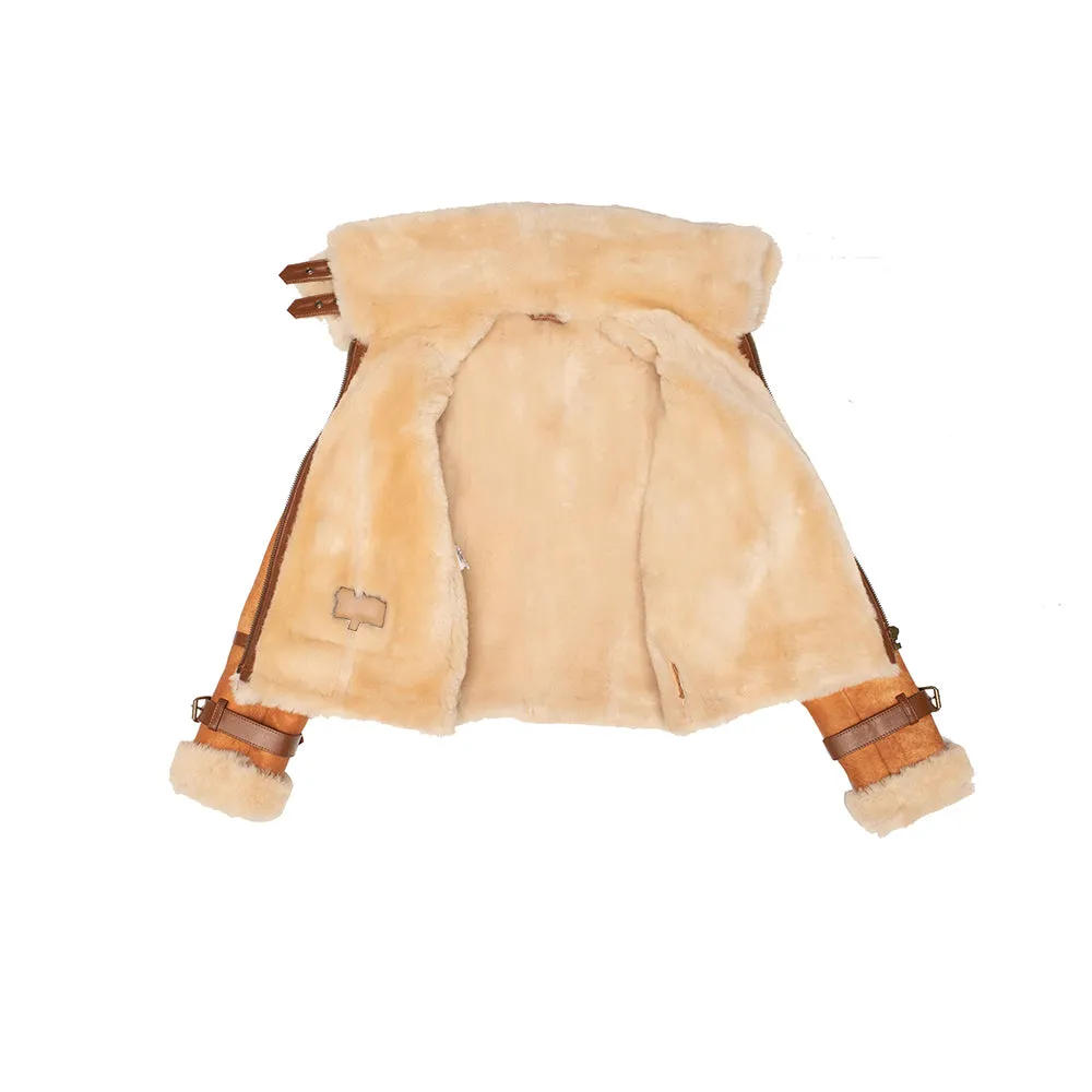 Kristy Vintage Cognac Womens Crop Shearling Bomber Jacket