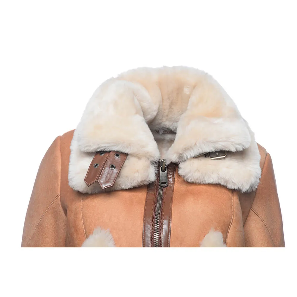 Kristy Vintage Cognac Womens Crop Shearling Bomber Jacket