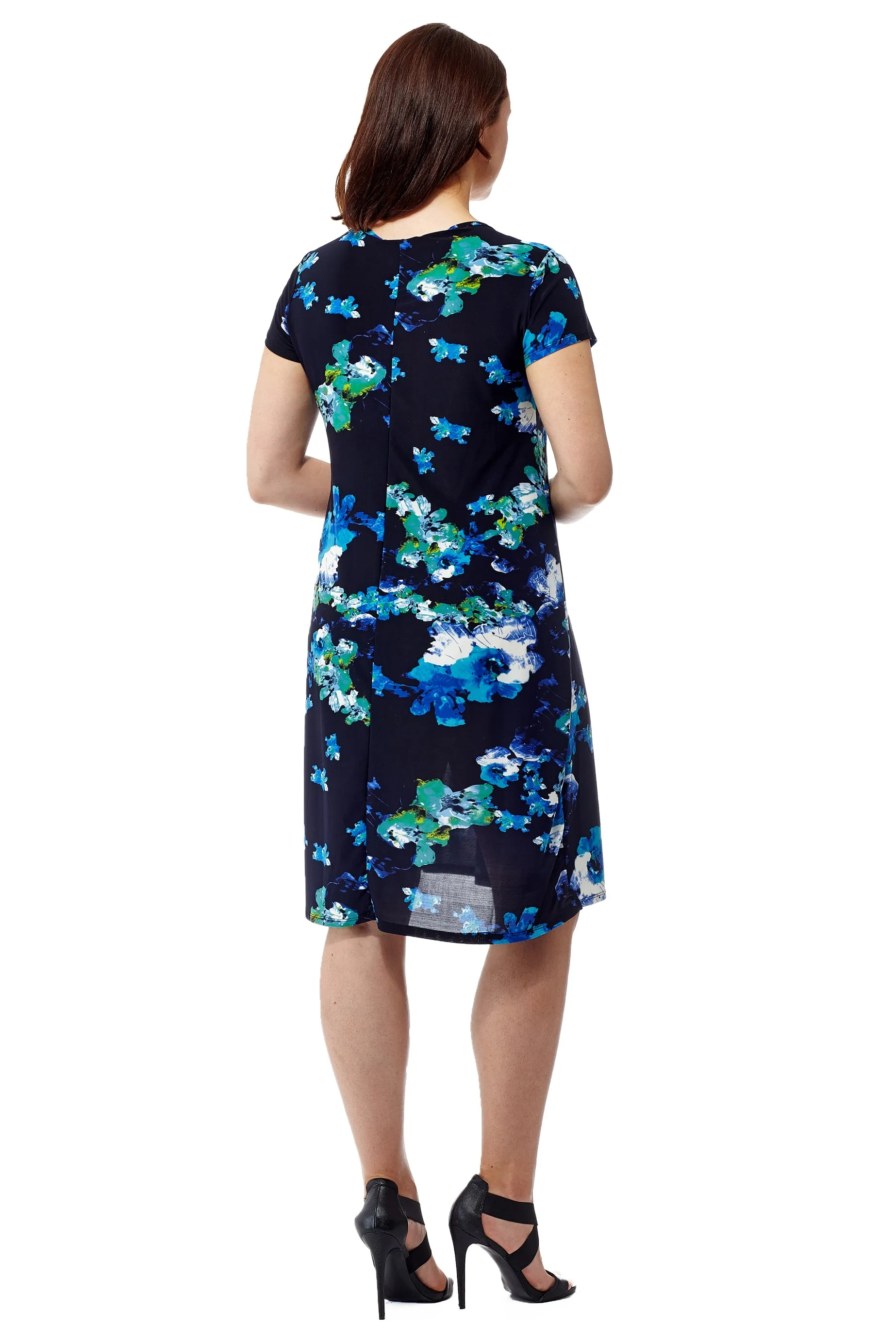 La Cera Blue Floral Print Short Sleeve Dress