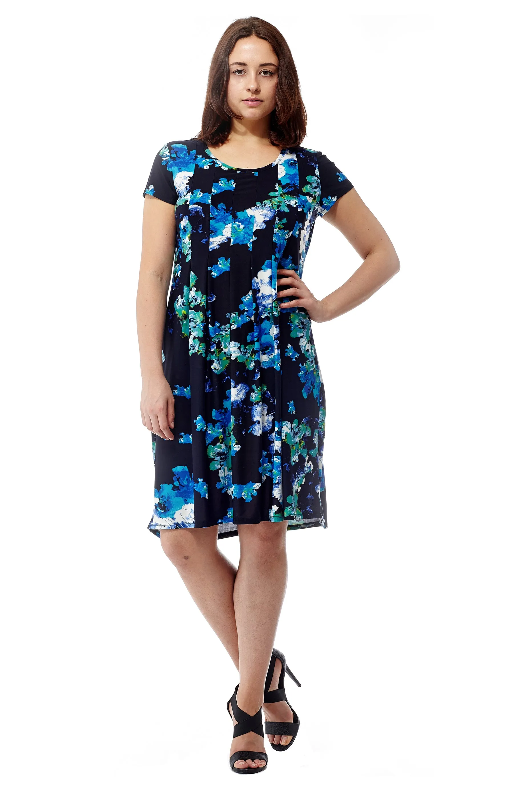 La Cera Blue Floral Print Short Sleeve Dress