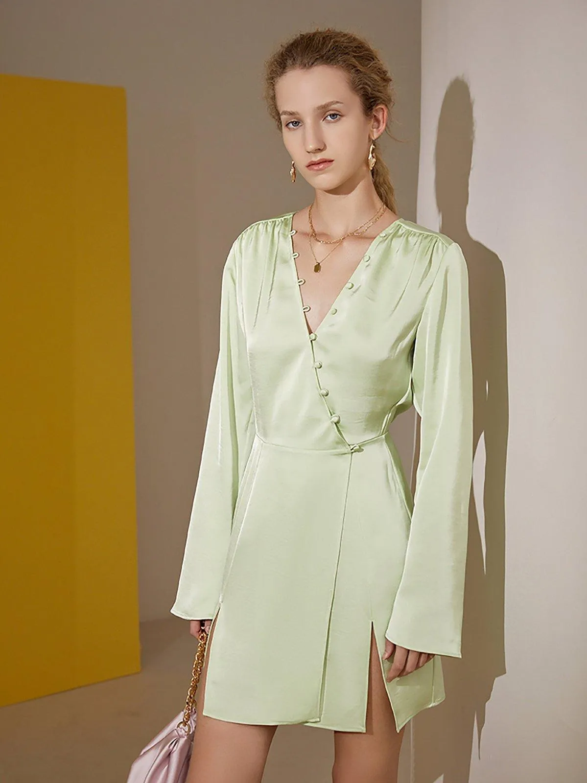 Light Green Long Sleeve Satin Cocktail Dress