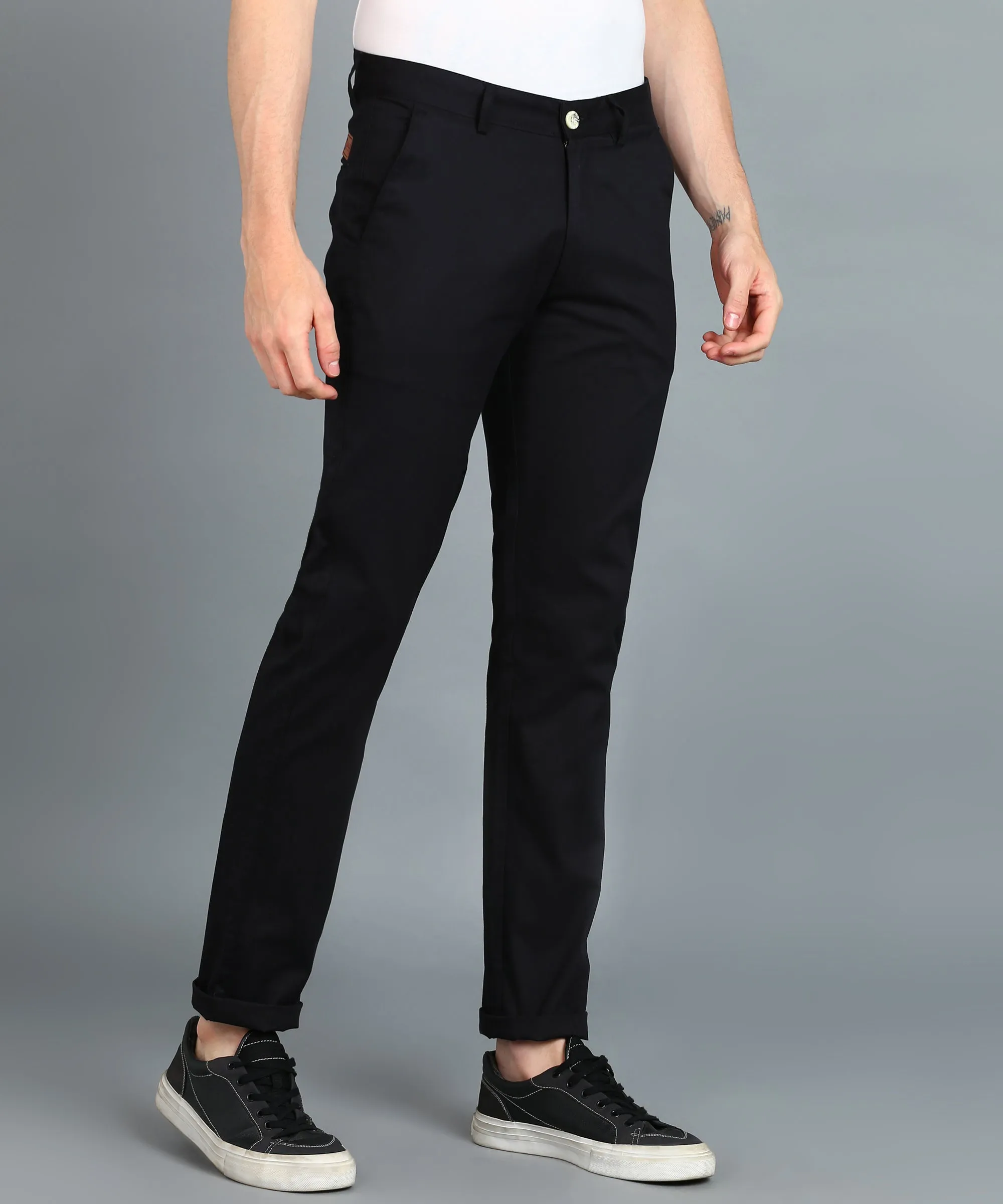 Men's Black Cotton Light Weight Non-Stretch Slim Fit Casual Trousers