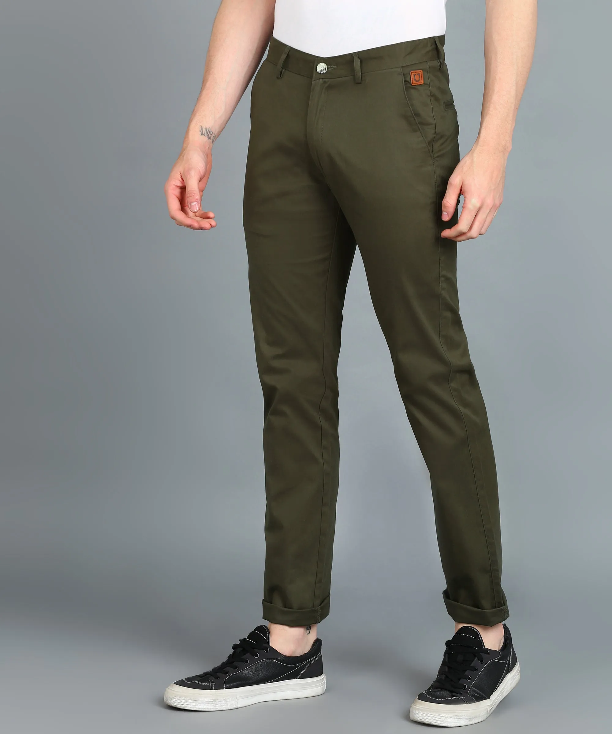 Men's Dark Green Cotton Light Weight Non-Stretch Slim Fit Casual Trousers