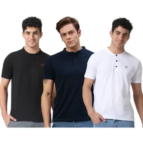 Men's Multicolor Solid Mandarin Collar Slim Fit Cotton T-Shirt Pack of 3