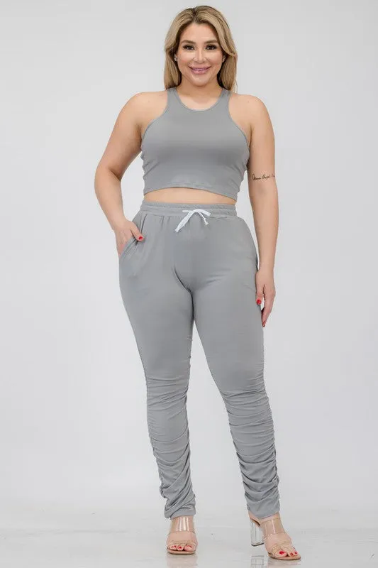 Plus Size Crop Tank Top & Ruched Pants Set