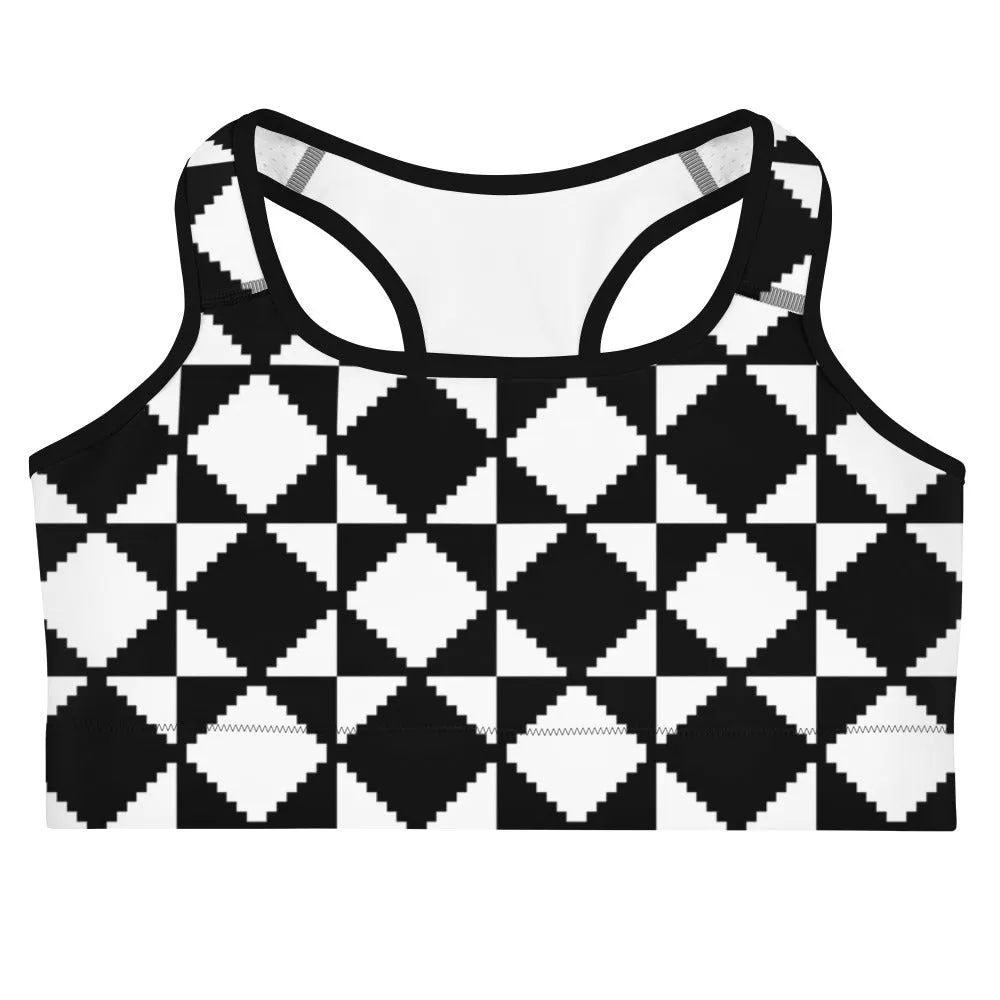 Savannahwood Black and White Abstract Tile Sports Bra