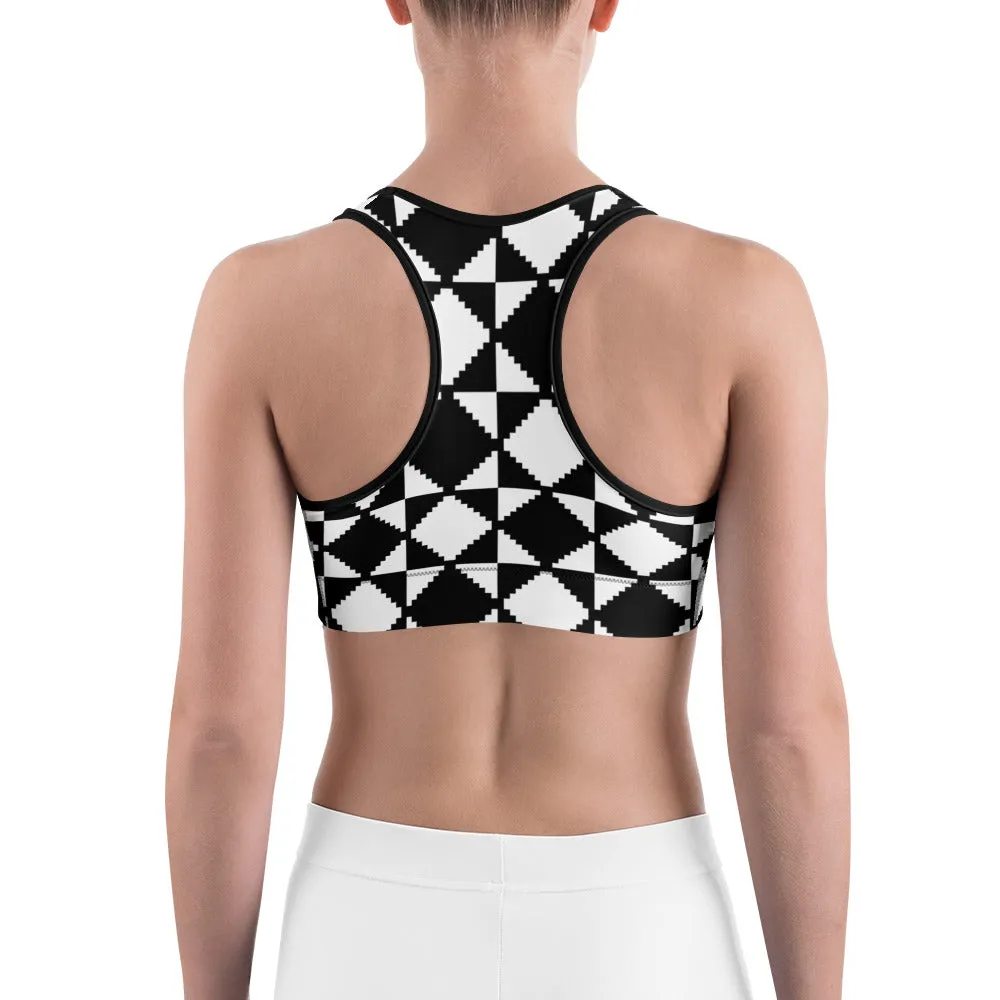 Savannahwood Black and White Abstract Tile Sports Bra