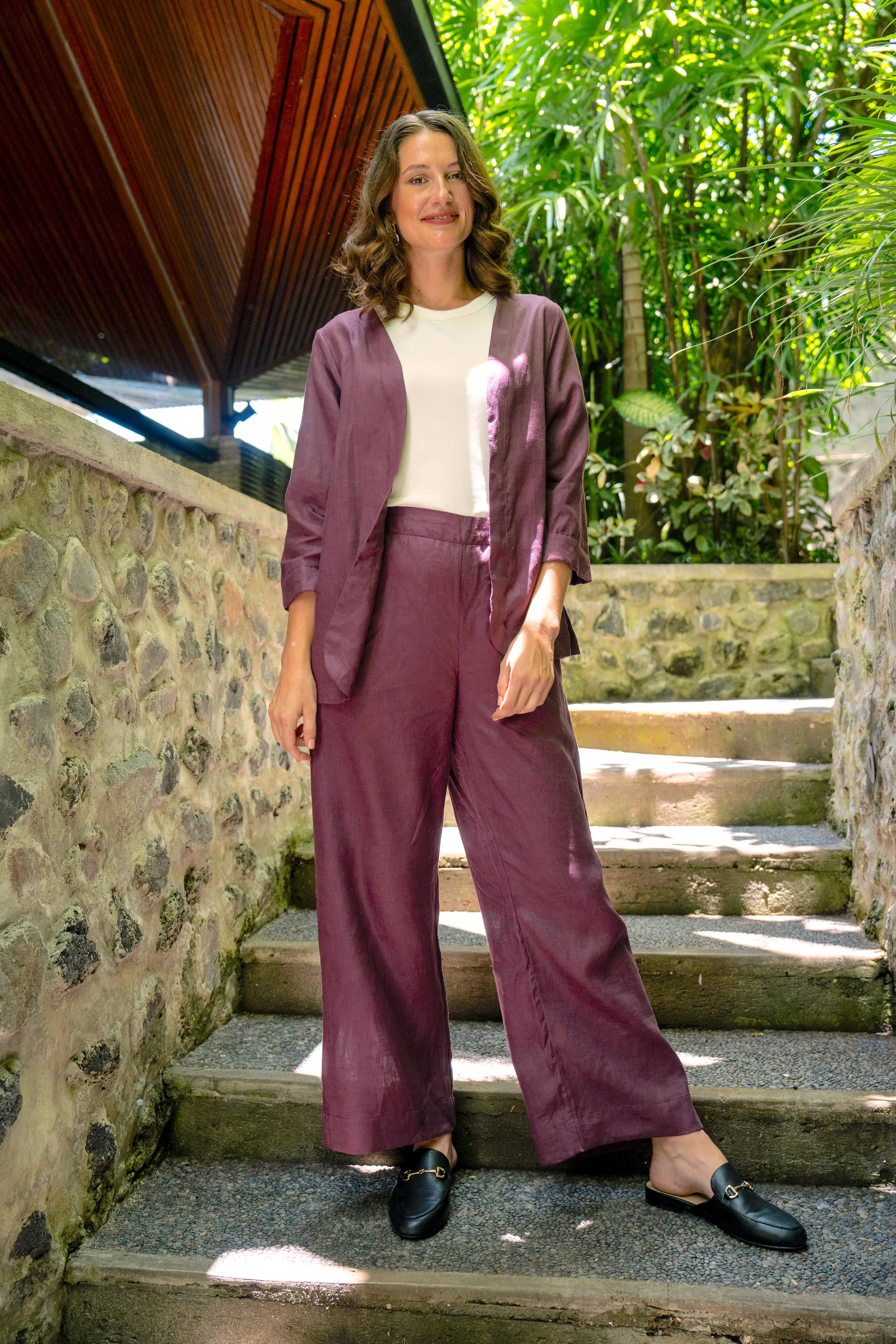 Short Linen Duster Jacket in Plum