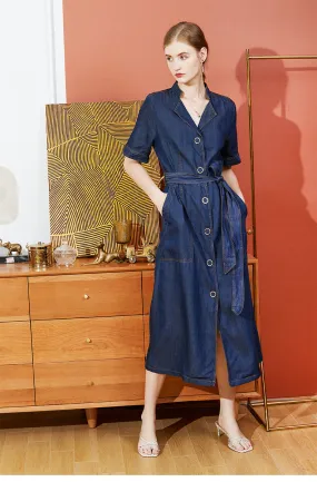 Tencel Short Sleeve Button Belted Long Dress