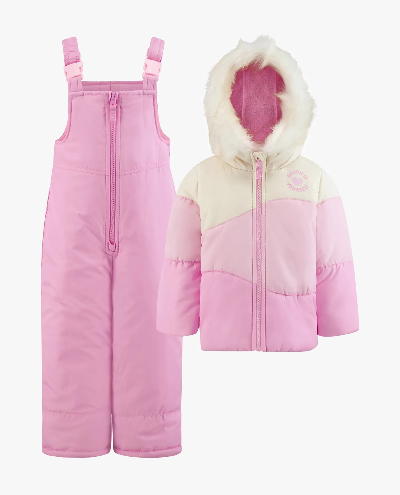 TODDLER GIRLS ZIP-FRONT COLOR BLOCK JACKET AND OVERALL SNOW PANT