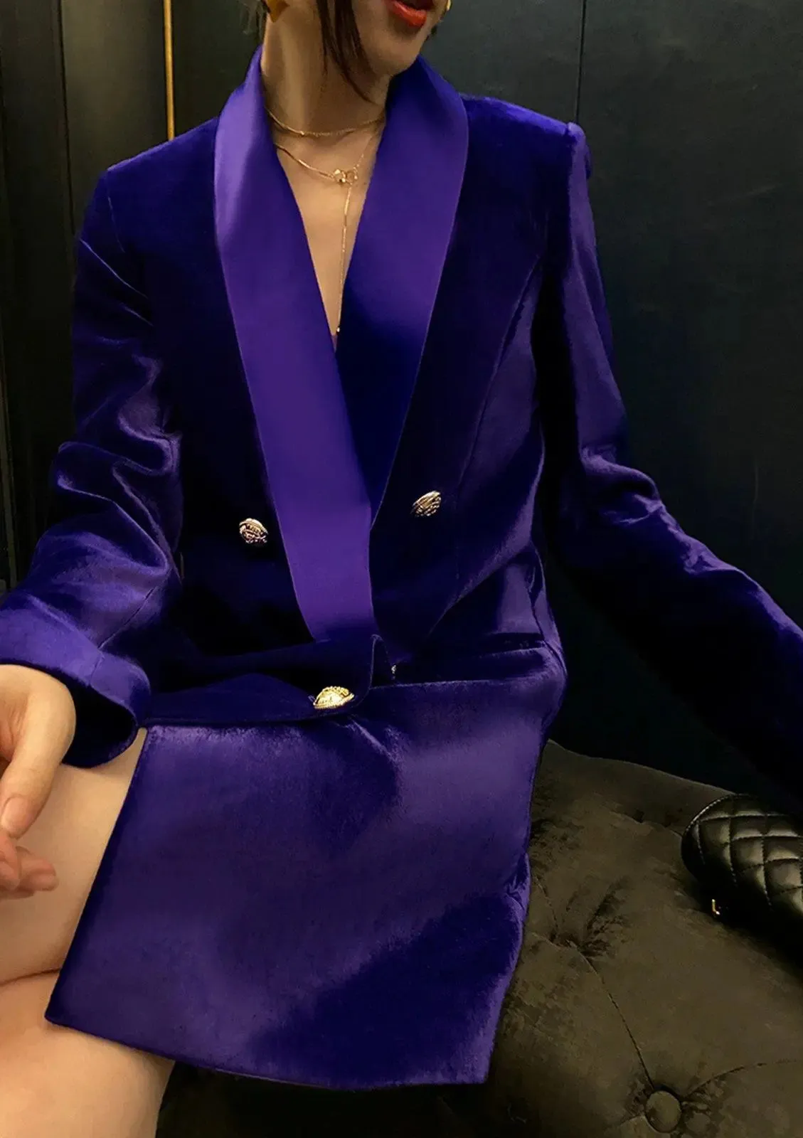 Velvet Double Breasted Thigh-Length Jacket