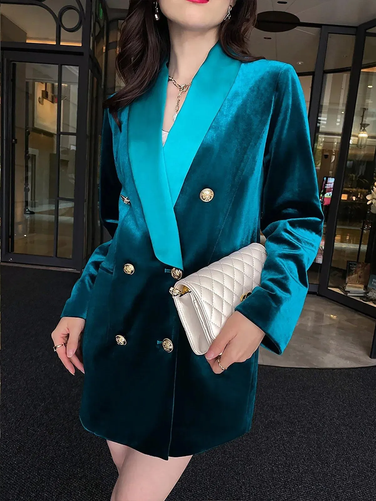 Velvet Double Breasted Thigh-Length Jacket