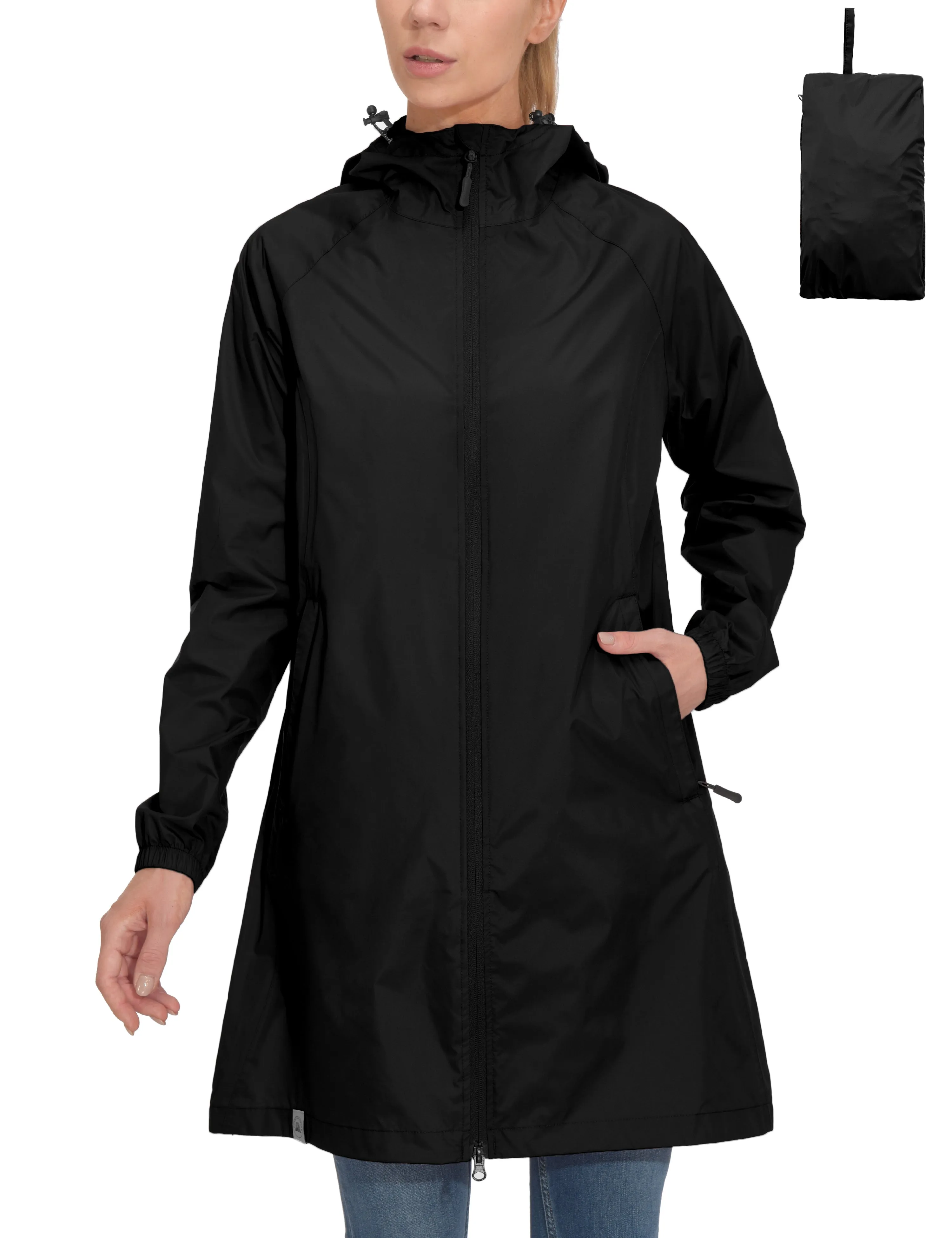 Women's Waterproof Packable Hooded Long Rain Jacket